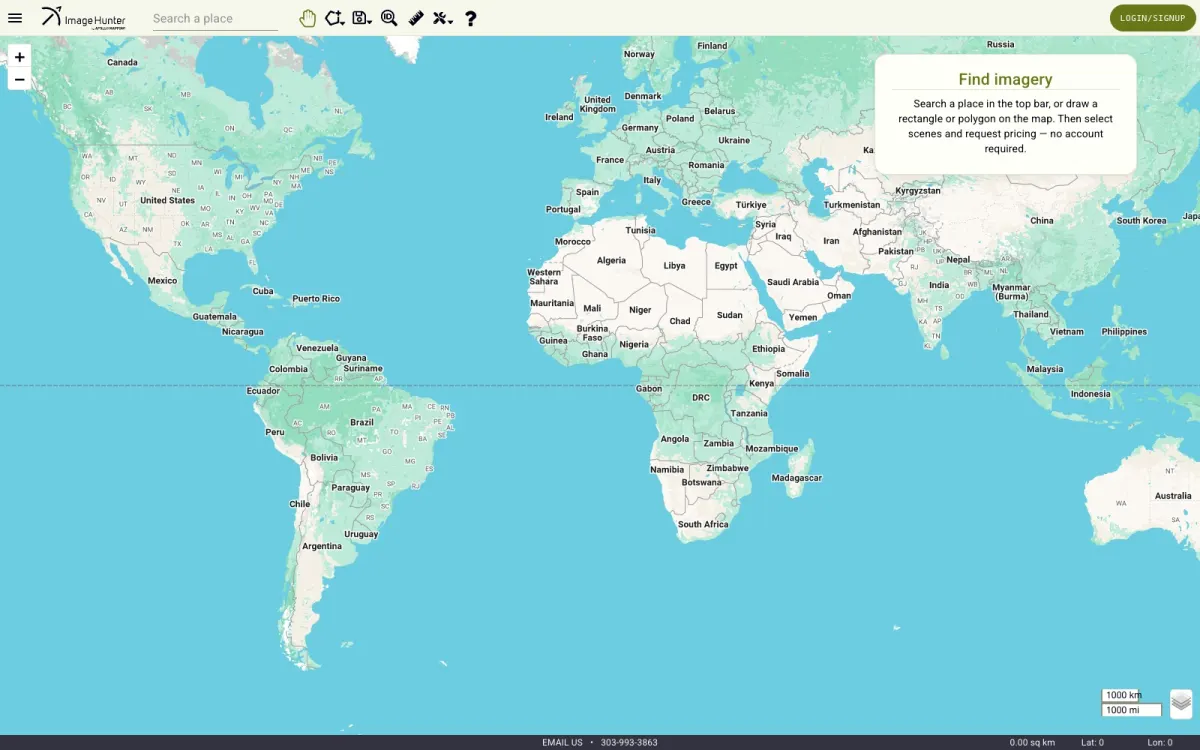 Image Hunter: a world map with place search and a panel for querying a global satellite-imagery archive