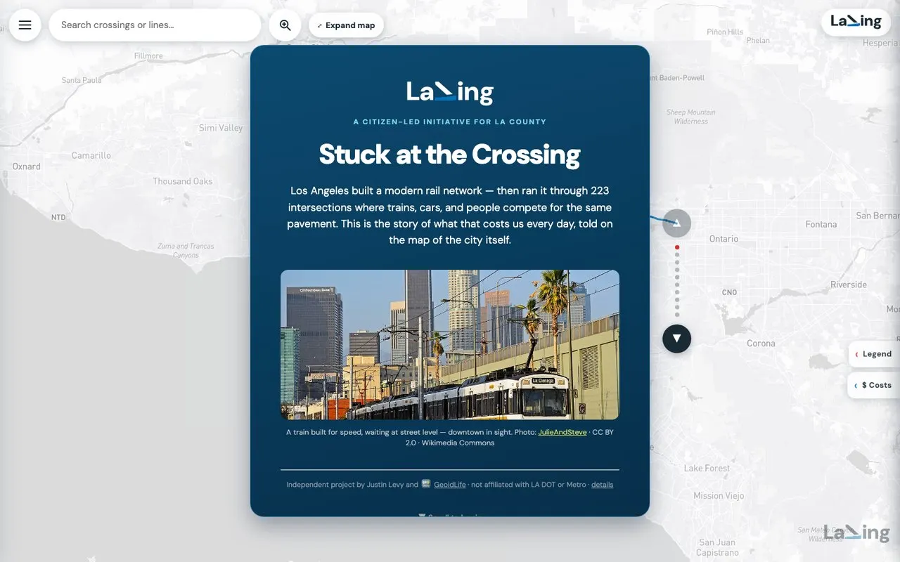 LaXing Story Map: the opening chapter floating over a map of Los Angeles
