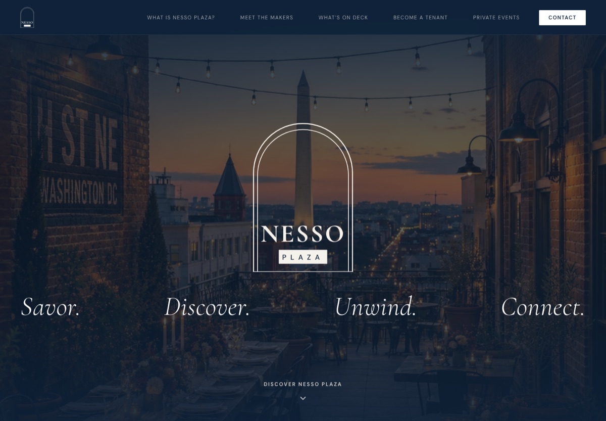 Nesso Plaza homepage — rooftop view toward the Washington Monument behind the Nesso arch