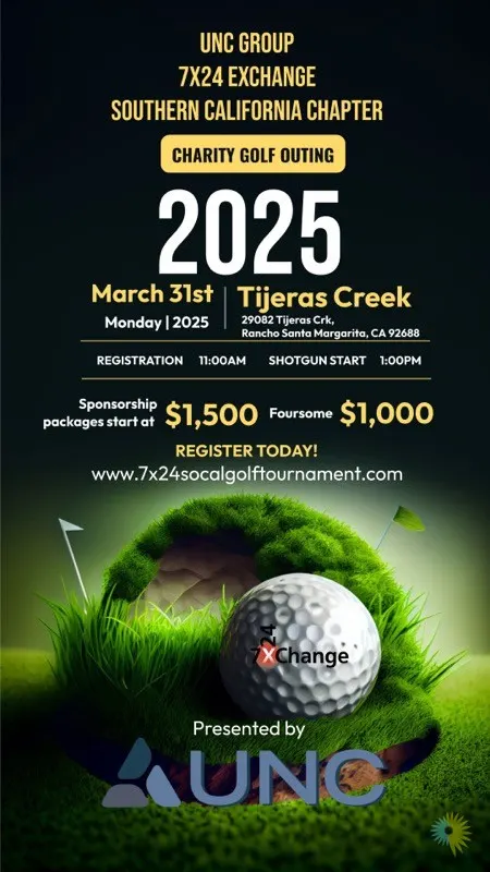 Flyer for the 7x24 Exchange Southern California chapter charity golf outing, March 31, 2025 at Tijeras Creek