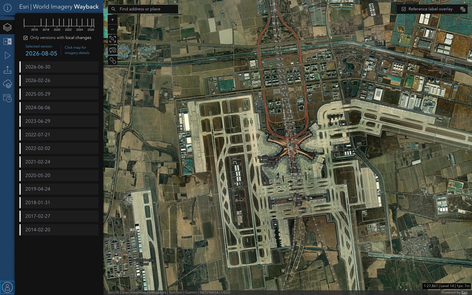 World Imagery Wayback app — a timeline of imagery versions from 2014 to 2026 alongside satellite imagery of Beijing Daxing International Airport